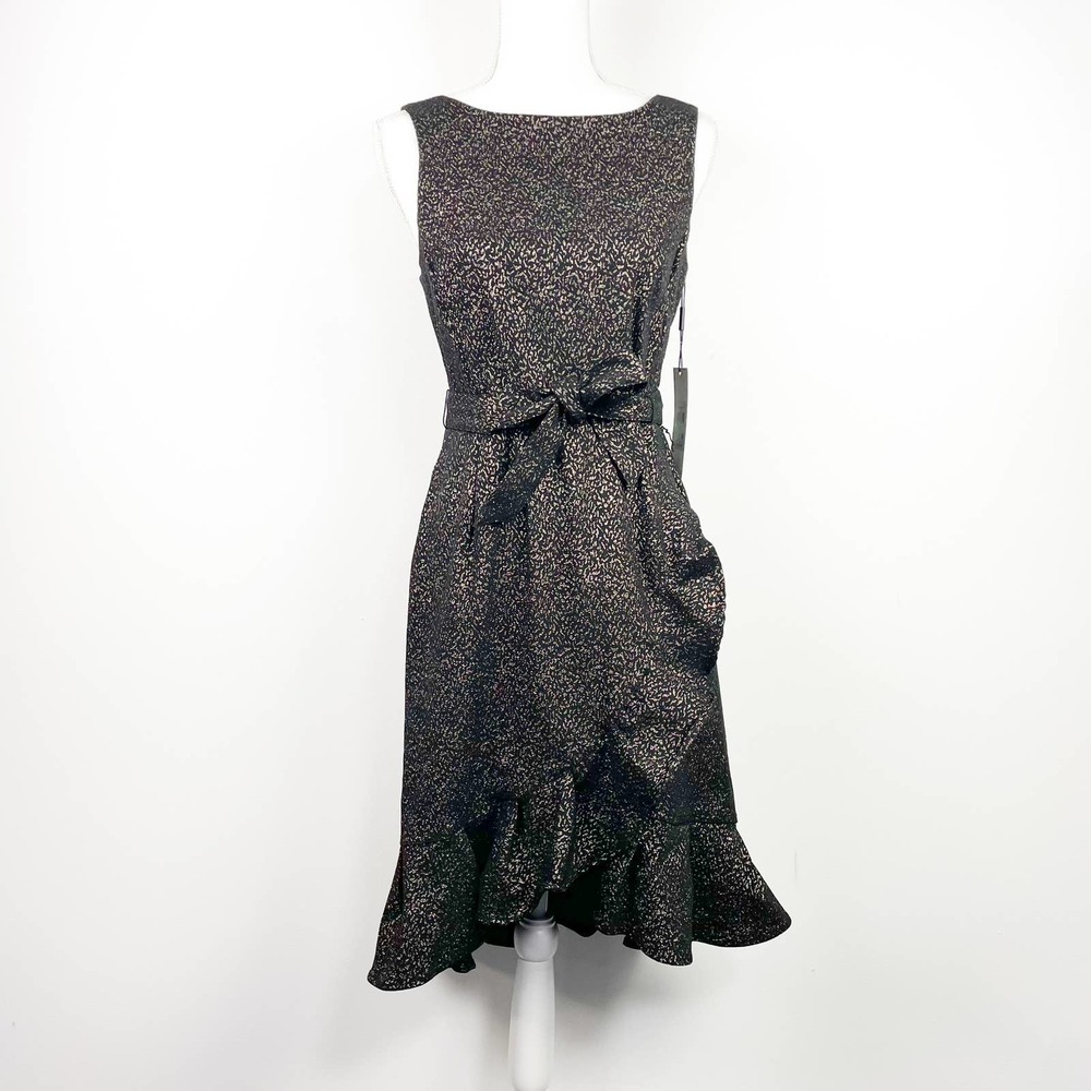NEW Calvin Klein Black Gold Shimmery Metallic Peplum Dress Size 8